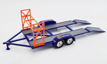 GMP Tandem Car Trailer mit Reifenregal Union 76 blau-orange 1:43 14316 Autotransportanhänger Modellauto