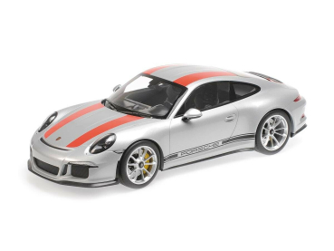 Minichamps 125066321 PORSCHE 911 R silber mit rot-schwarzen Decals 2016 1:12 Modellauto