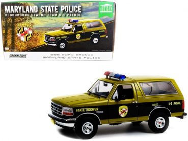 Greenlight 1996 Ford Bronco 1:18 Maryland State Police State Trooper Bloodhound Search Team K-9 Patrol