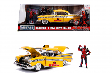 Jada Toys 253225001 Marvel Deadpool Figur + Chevy 1957 Bel Air 1:24 Modellauto