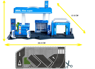 Preview: Diorama Petrol Station Aral + 1 Fahrzeug 1:64 Modelcars Tankstelle Majorette