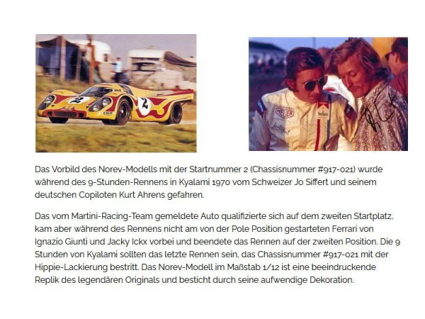 PORSCHE 917K #2 Siffert/Ahrens 1970 9h Kyalami 1:12 Norev modelcar R23 limited 1/200 127506