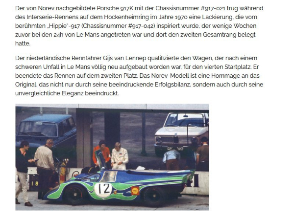 PORSCHE 917K Hockenheim 1970 Van Lennep #12 1:12 Norev modelcar limited 1/200 127507