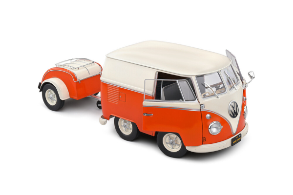 VW Volkswagen Kool Kombi orange weiß mit Anhänger 1:18 Solido Modellauto 421186412