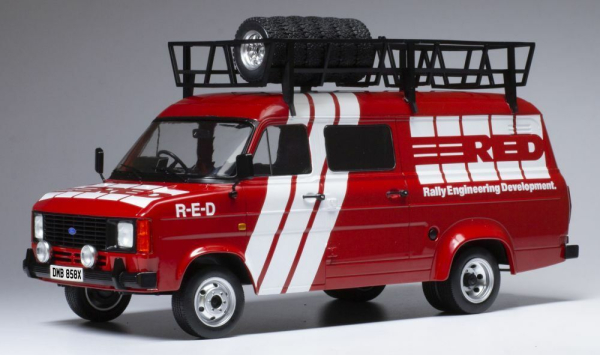 IXO Ford Transit MK II R-E-D Rally Engineering Development mit Dachgepäckträger 1985 1:18 Modellauto