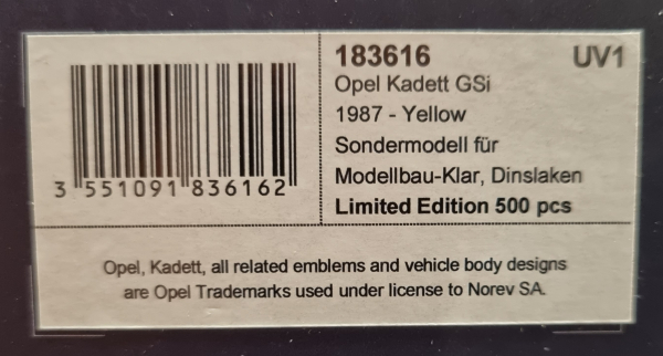 Norev Opel Kadett E GSI 1987 gelb 1:18 limited 1/500 modelcar