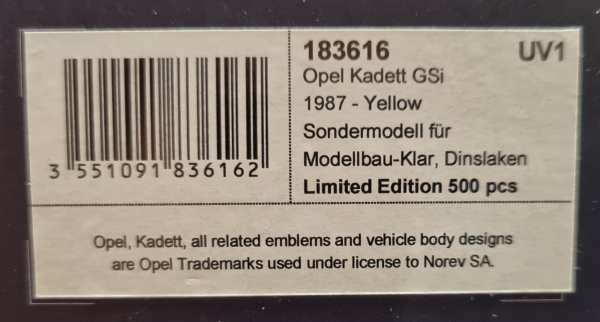 Norev Opel Kadett E GSI 1987 gelb 1:18 limited 1/500 Modellauto