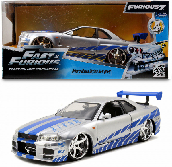 Jada Toys 253203044 Fast & Furious Brian's Nissan Skyline GT-R R34 1:24 Modellauto
