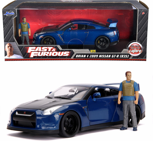 Jada Toys 253206003 Fast & Furious Brian's Nissan Skylie GT-R R35 + Figur 1:18 Modellauto