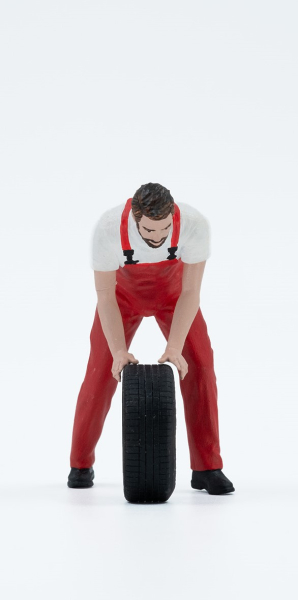 Atlantic 1:18 Figur Patrick Mechaniker rollt Reifen für Modellbau Diorama