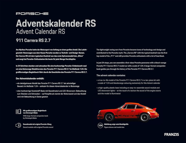 Franzis 67125 Porsche 911 Carrera RS 2.7 Adventcalender 1:24 modelcar modelkit