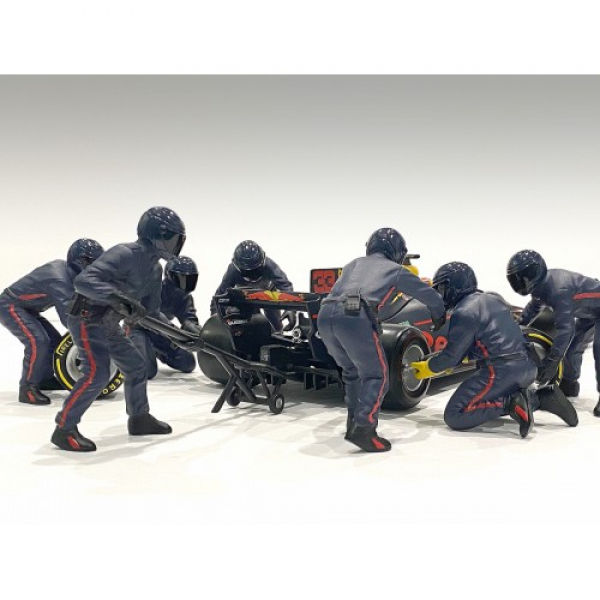 American Diorama 76555 Formel 1 Pit Crew II blue-purple Redbull 1:18 F1 Mechaniker Figuren 1/1000 + DECALS