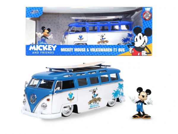 Jada Toys 253075001 VW Samba Bus T1 mit Mickey Figure 1:24 Modellauto