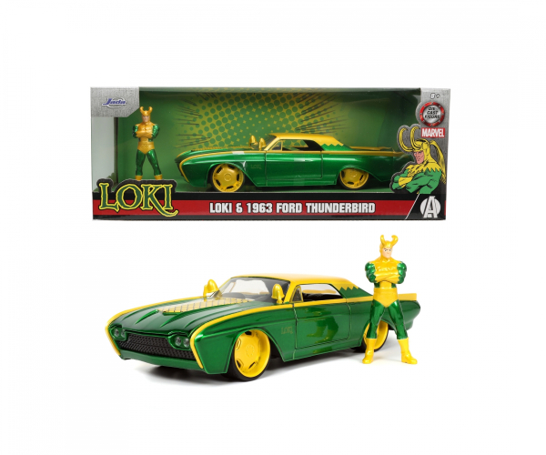 Jada Toys 253225026 Ford Thunderbird 1963 + Loki 1:24 Modellauto + Figur